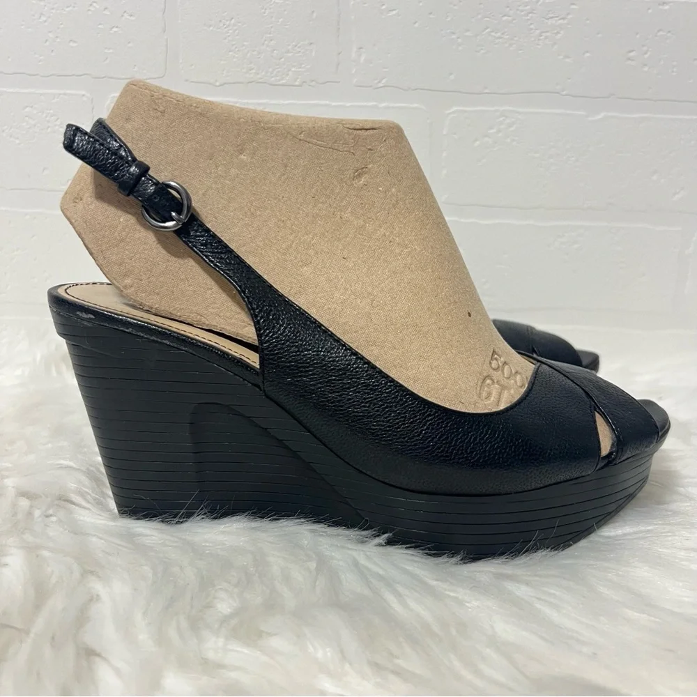 Marc Fisher Black Leather Peep-Toe Slingback Rockabilly Platform Wedges 6.5